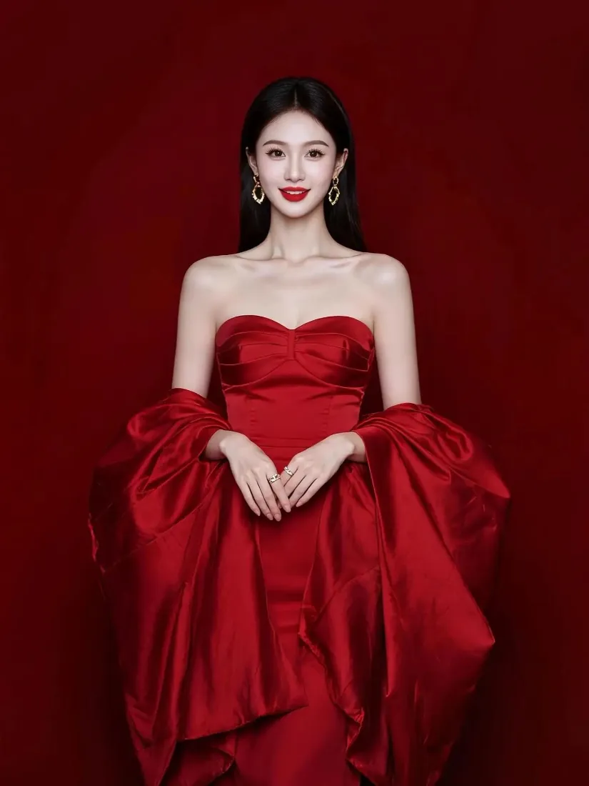 红衣美女手机壁纸｜红色背景图片 - 红色礼服写真「哲风壁纸」