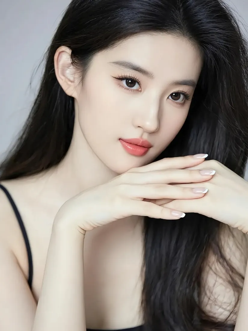 长发美女手机壁纸｜灰色背景图片 - 黑色吊带红唇写真「哲风壁纸」