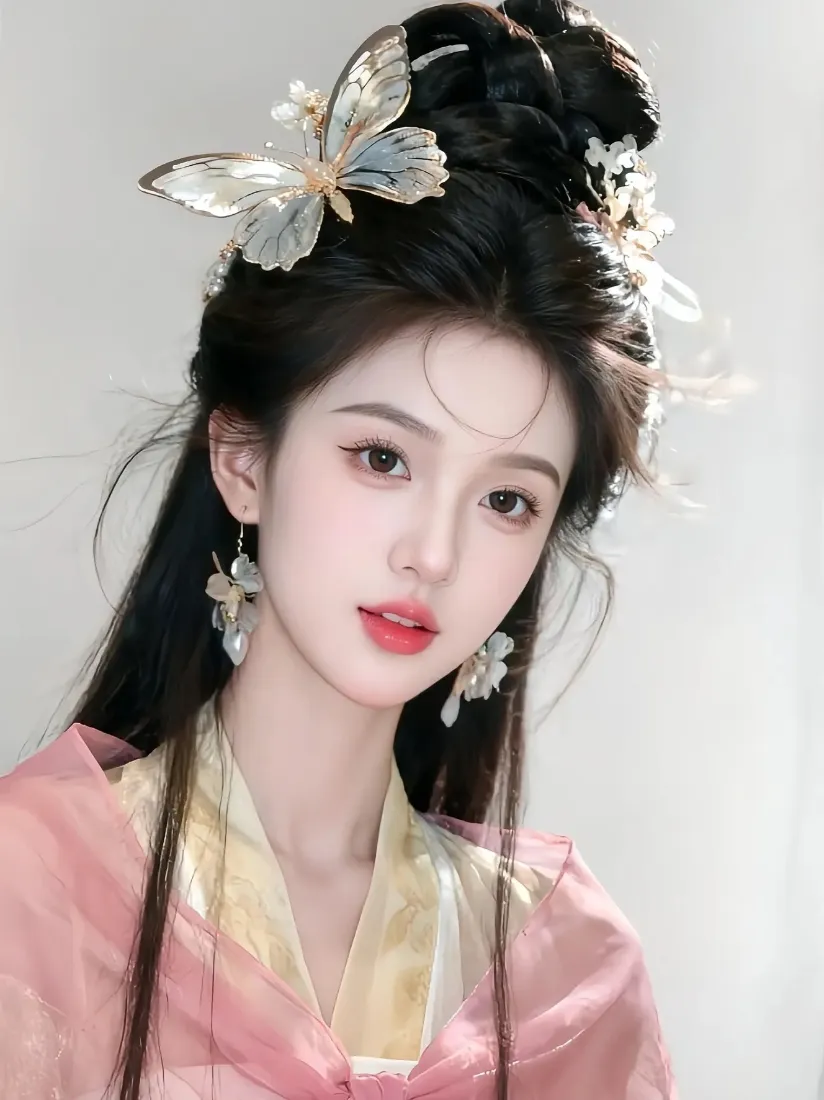 古风美女手机壁纸｜粉色古装背景图 - 蝴蝶发饰红唇「哲风壁纸」