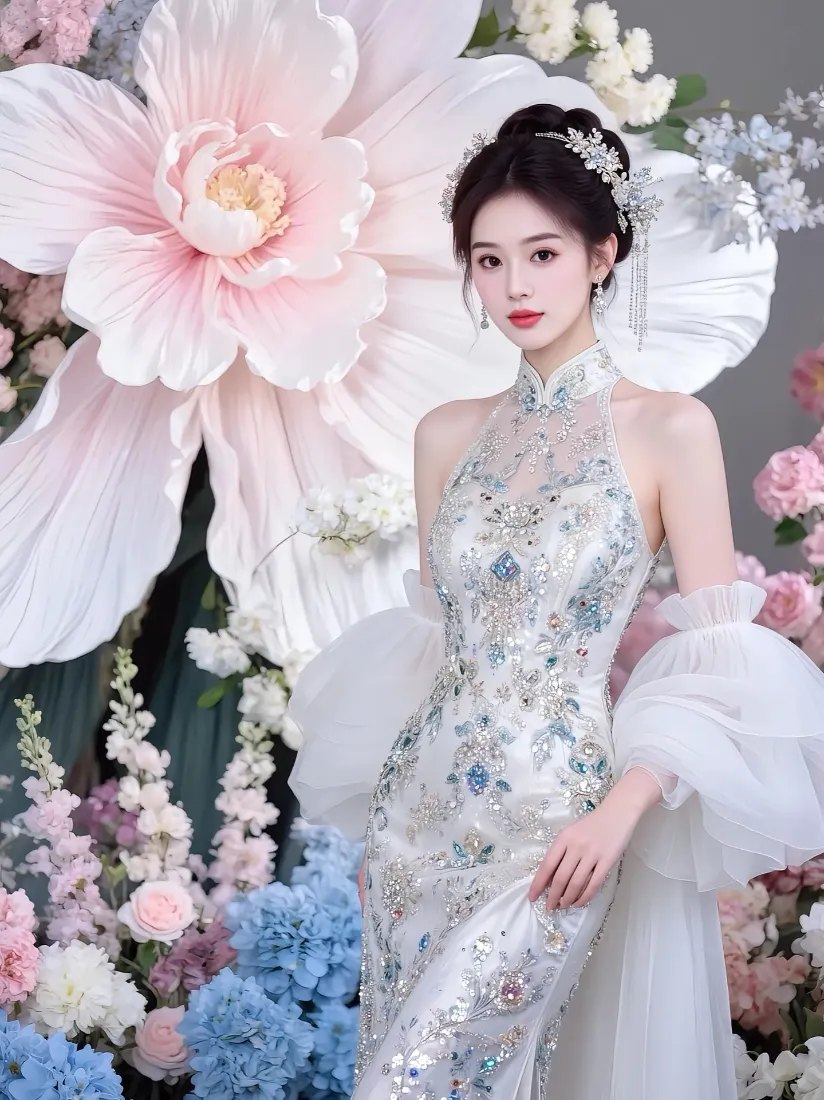 古风美女旗袍手机壁纸｜粉蓝花簇背景图片 - 国风美人「哲风壁纸」