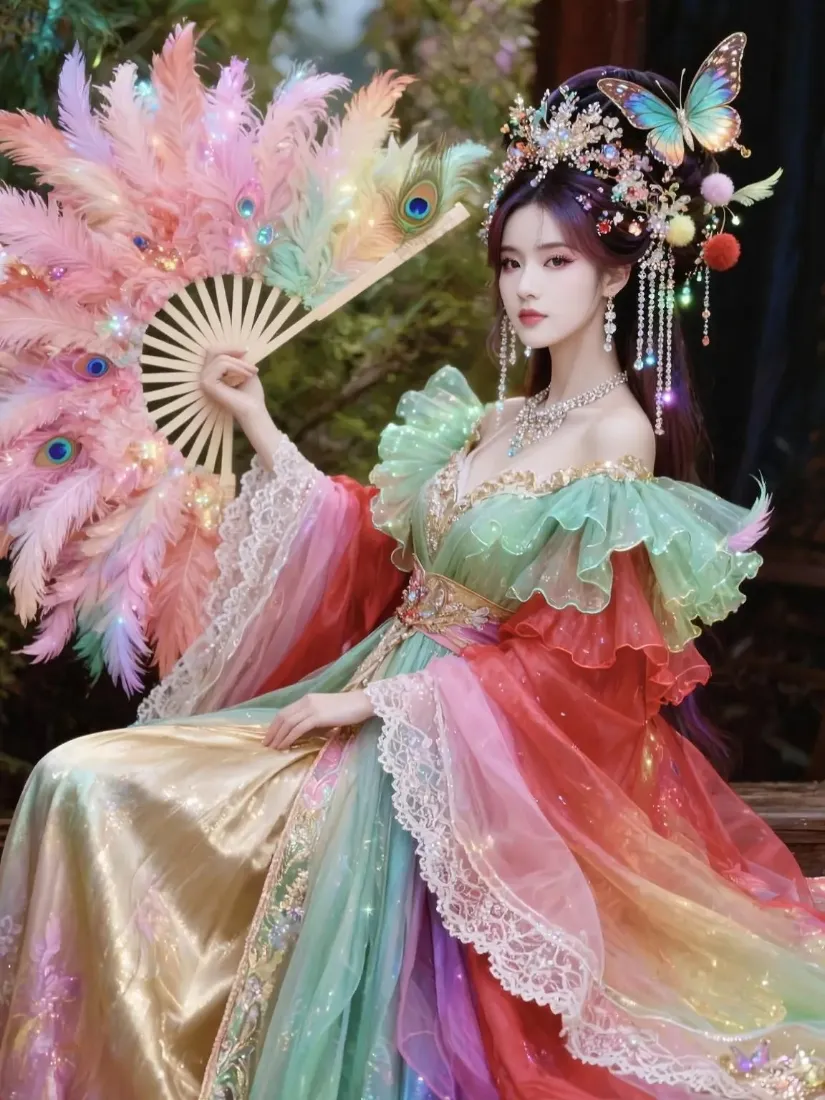 古风美女手机壁纸｜彩虹裙背景图 - 孔雀羽扇「哲风壁纸」