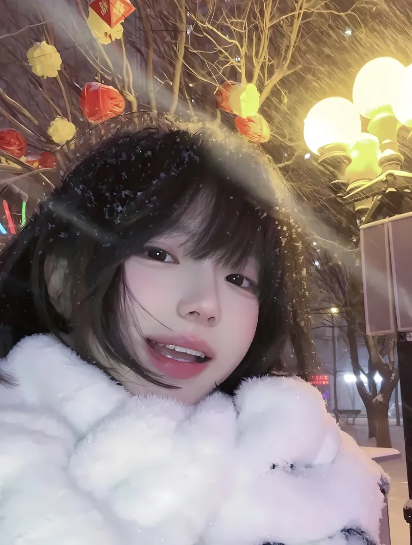 可爱女孩雪天手机壁纸｜红灯笼背景图片 - 夜晚雪景「哲风壁纸」