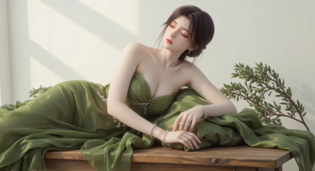 8k绿色礼服美女壁纸｜室内植物背景图片 - 迷人坐姿「哲风壁纸」