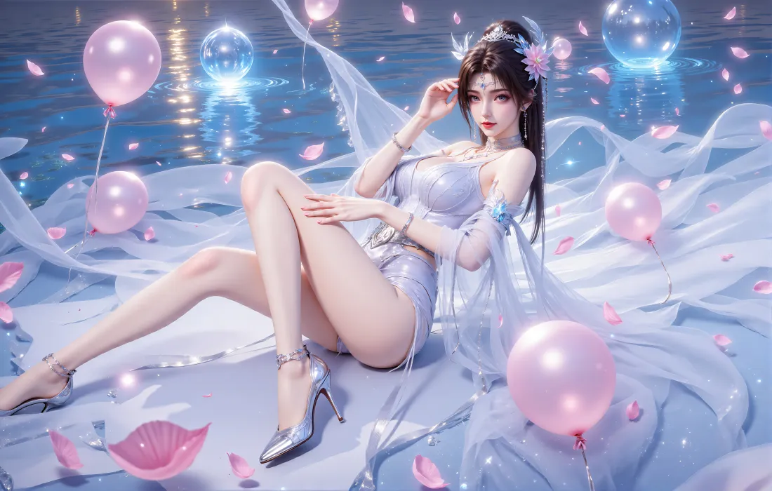 7k邀月壁纸｜完美世界背景图 - 古风美女粉色气球花瓣「哲风壁纸」