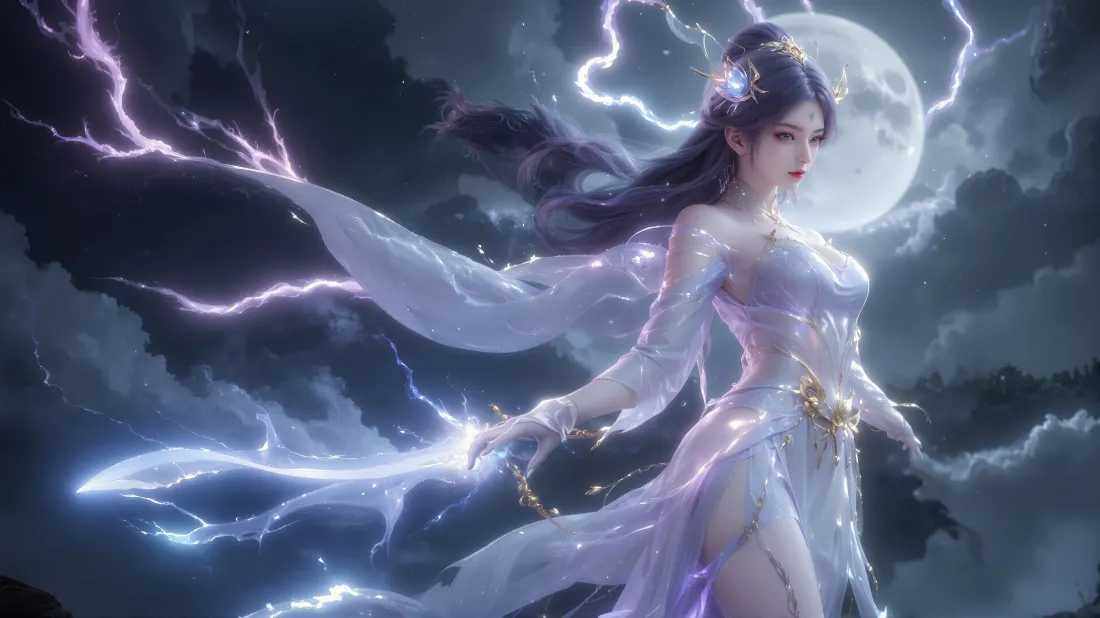 4k百炼成神壁纸｜古风美女背景图 - 闪电月夜仙侠「哲风壁纸」