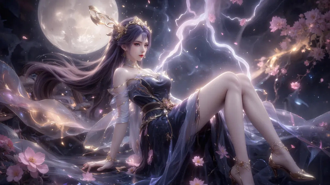 4k百炼成神壁纸｜古风美女背景图片 - 月亮闪电花瓣「哲风壁纸」