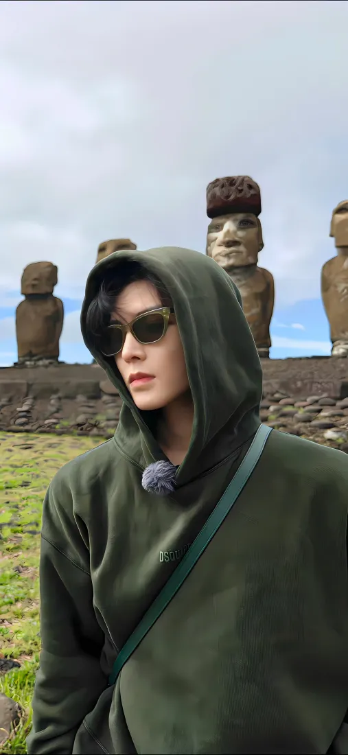 侯明昊手机壁纸｜复活节岛摩艾石像背景 - 绿色连帽衫「哲风壁纸」