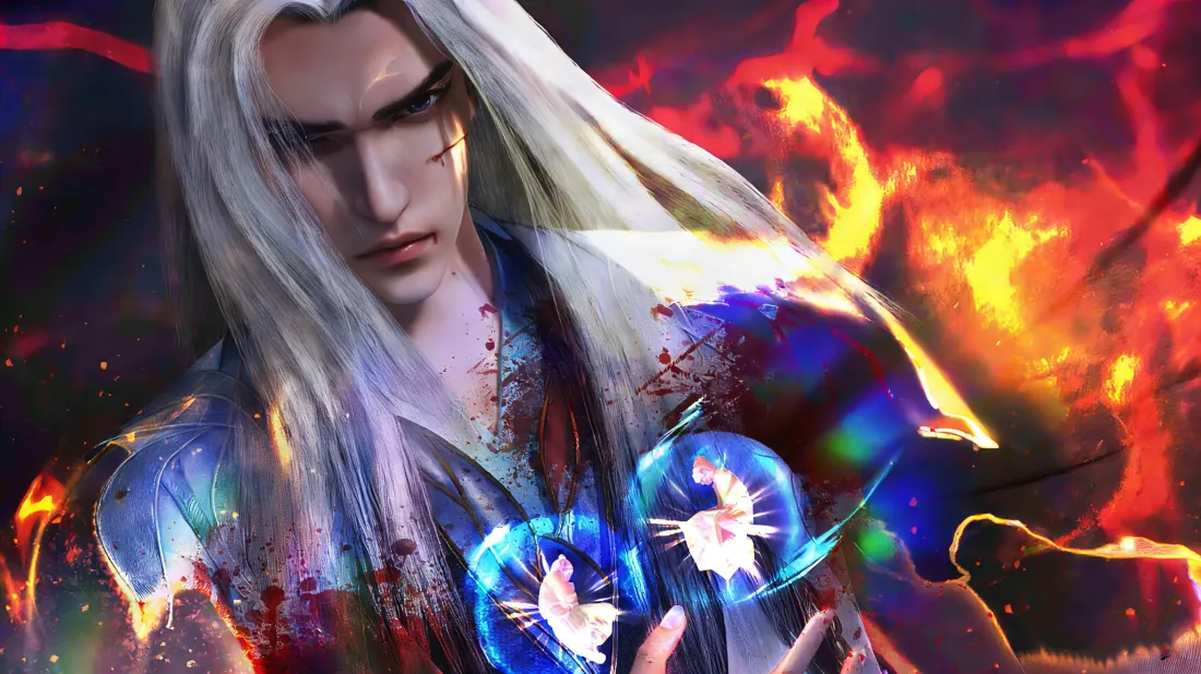 3k仙逆壁纸｜火焰背景图片 - 白发男子「哲风壁纸」