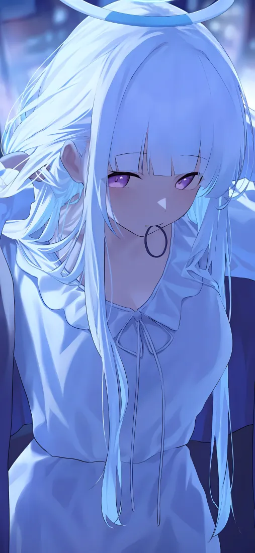 生盐诺亚手机壁纸｜偏蓝背景图片 - 白裙紫眸「哲风壁纸」