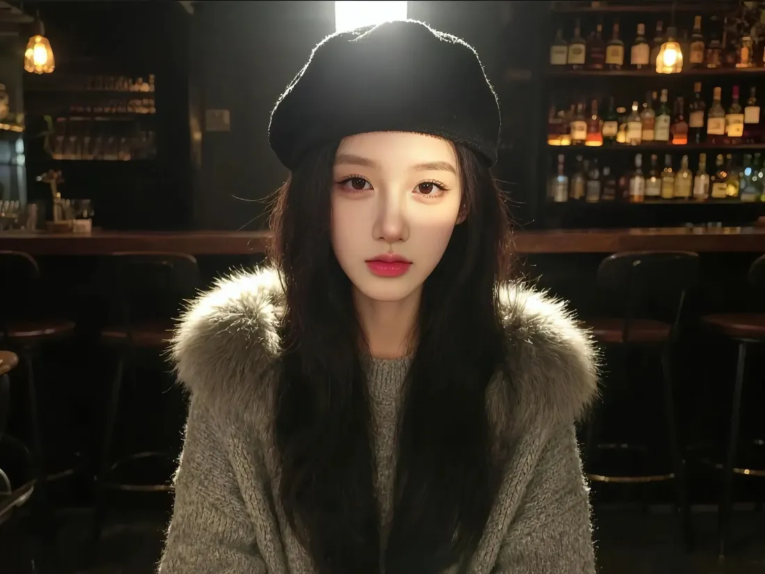 2k贝雷帽美女壁纸｜酒吧背景图片 - 红唇时尚穿搭「哲风壁纸」