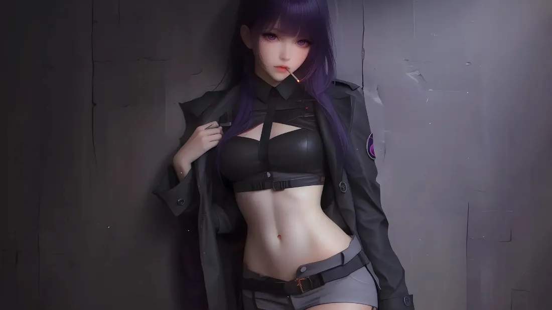 2k紫发美女壁纸｜深色背景图片 - 性感露脐装「哲风壁纸」