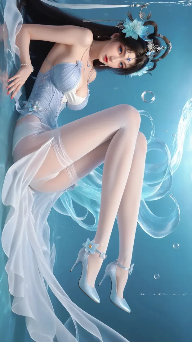 蓝裙美女手机壁纸｜水下背景图片 - 二次元美女「哲风壁纸」