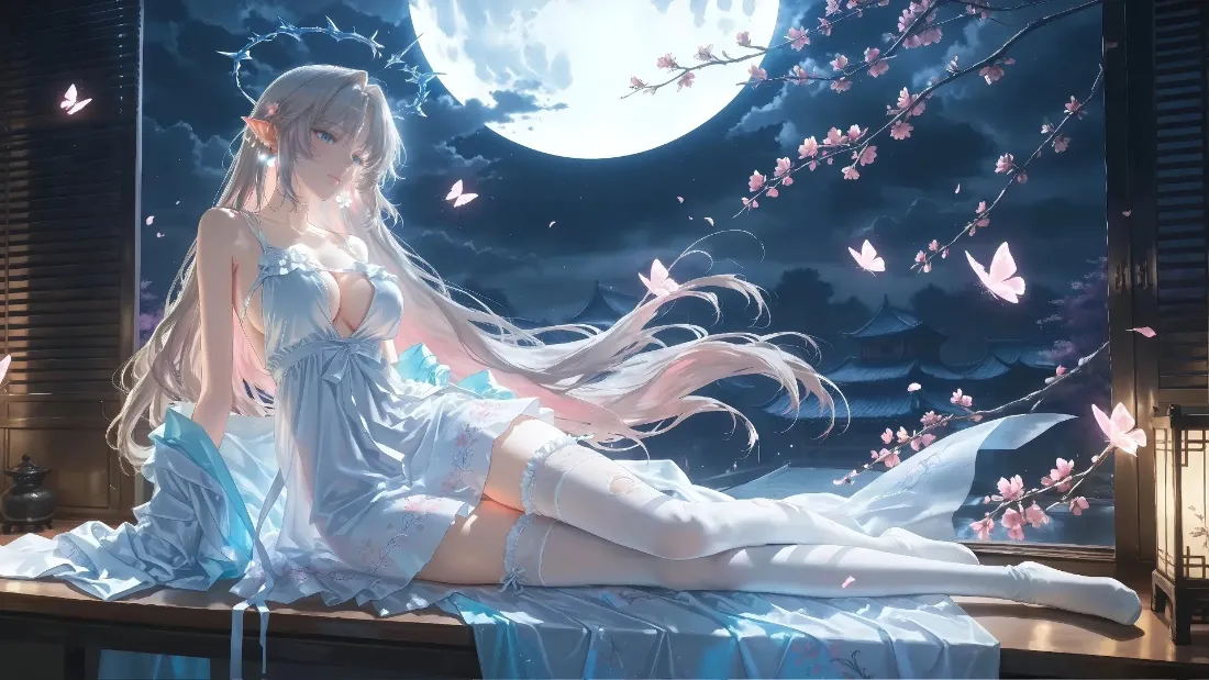2k银发蓝裙少女壁纸｜满月樱花蝴蝶背景 - 二次元梦幻「哲风壁纸」
