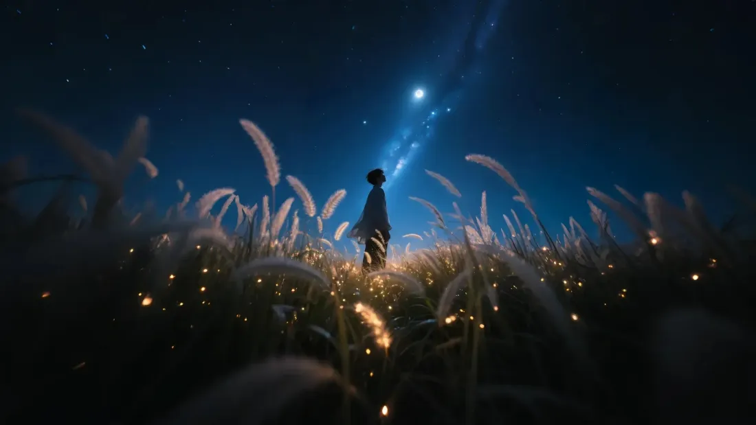 2k星空人物壁纸｜夜晚草海背景图片 - 梦幻光点「哲风壁纸」