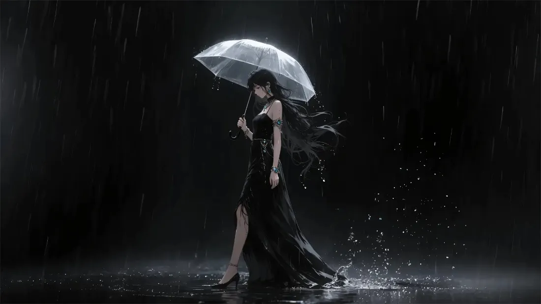 2k雨中黑裙女子壁纸｜雨夜背景图片 - 白伞水花「哲风壁纸」