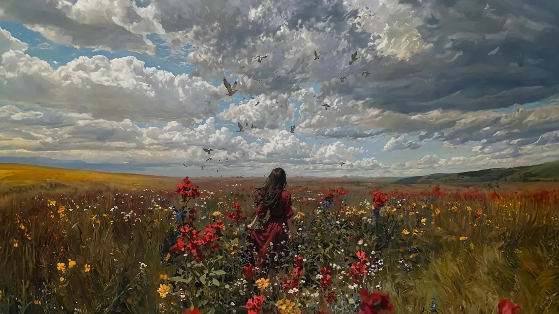 2k花田人物壁纸｜花海背景图片 - 自然风景「哲风壁纸」