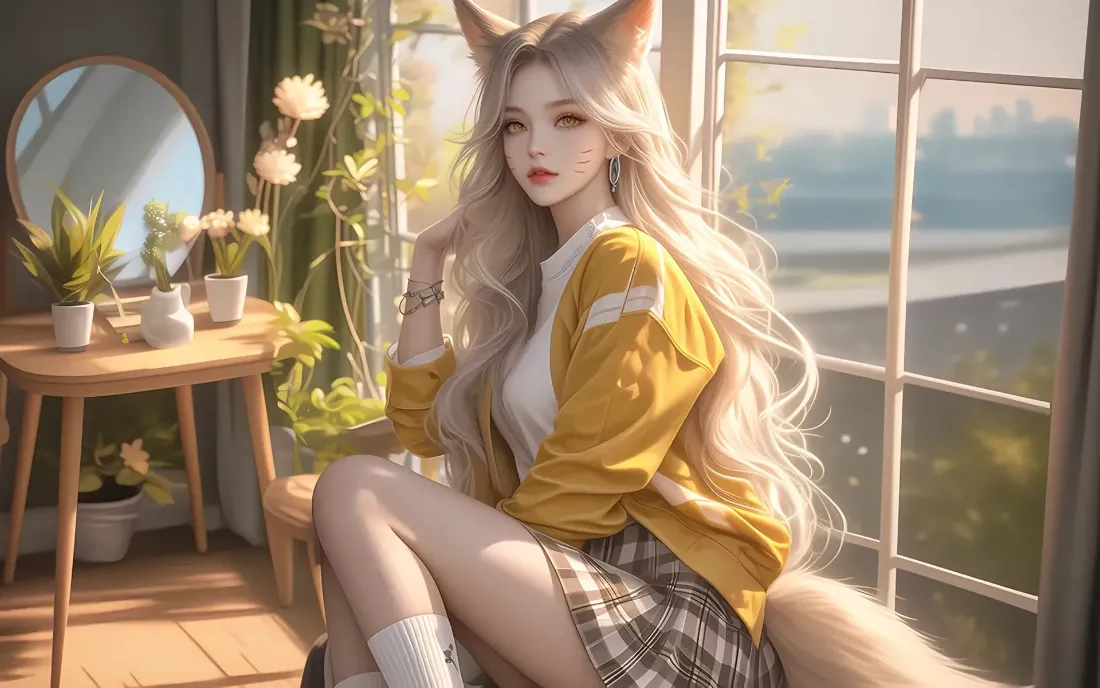 2k狐耳少女壁纸｜室内背景图片 - 格子裙「哲风壁纸」