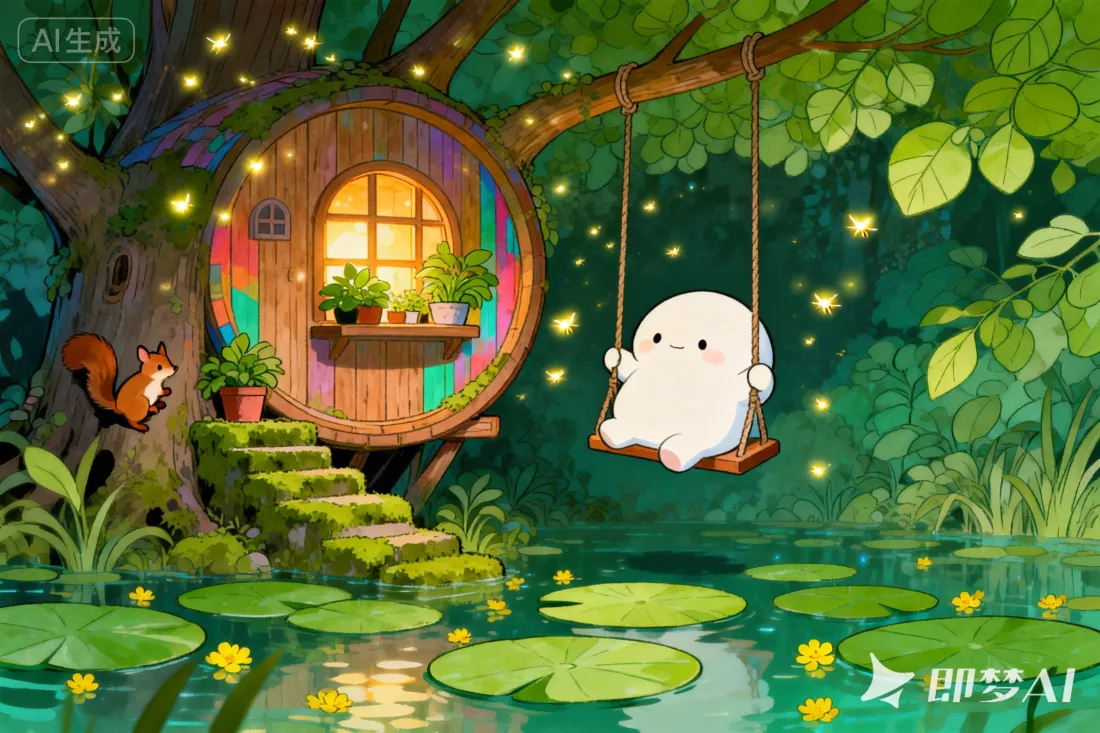 2k树屋森林壁纸｜治愈背景图片 - 萌物秋千萤火虫「哲风壁纸」