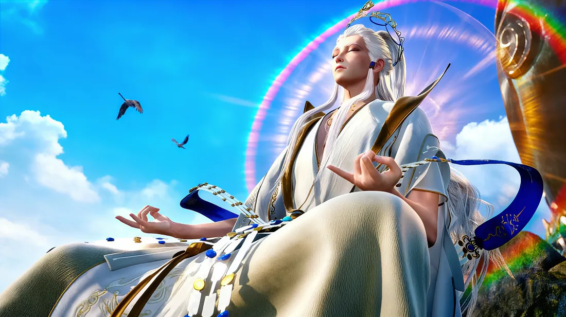 4k师兄啊师兄壁纸｜蓝天彩虹背景 - 李长寿打坐「哲风壁纸」