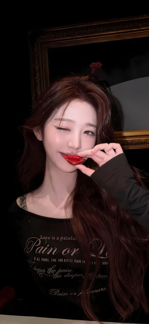 张元英手机壁纸｜黑色背景图片 - 红唇长发「哲风壁纸」