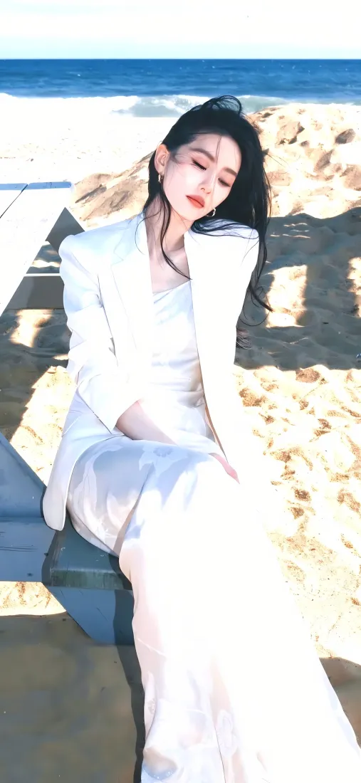 刘诗诗手机壁纸｜沙滩背景图片 - 白色穿搭「哲风壁纸」