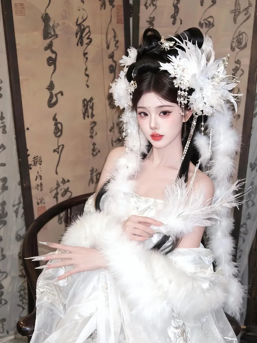 古风美女手机壁纸｜古风背景图片 - 白色汉服羽毛装饰「哲风壁纸」