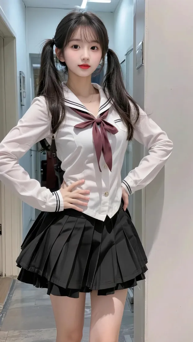 双马尾美女手机壁纸｜走廊背景 - 校园制服穿搭「哲风壁纸」