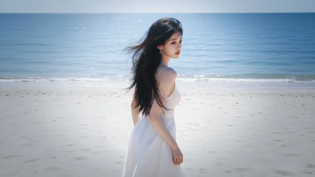 4k海边白裙美女壁纸｜海边沙滩背景图片 - 5K「哲风壁纸」