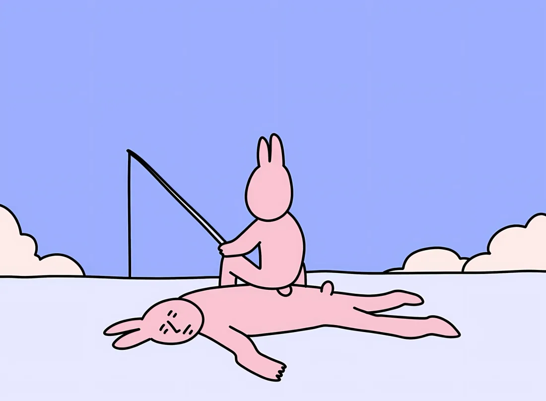 2k粉红兔壁纸｜蓝天背景 - 钓鱼躺兔卡通「哲风壁纸」