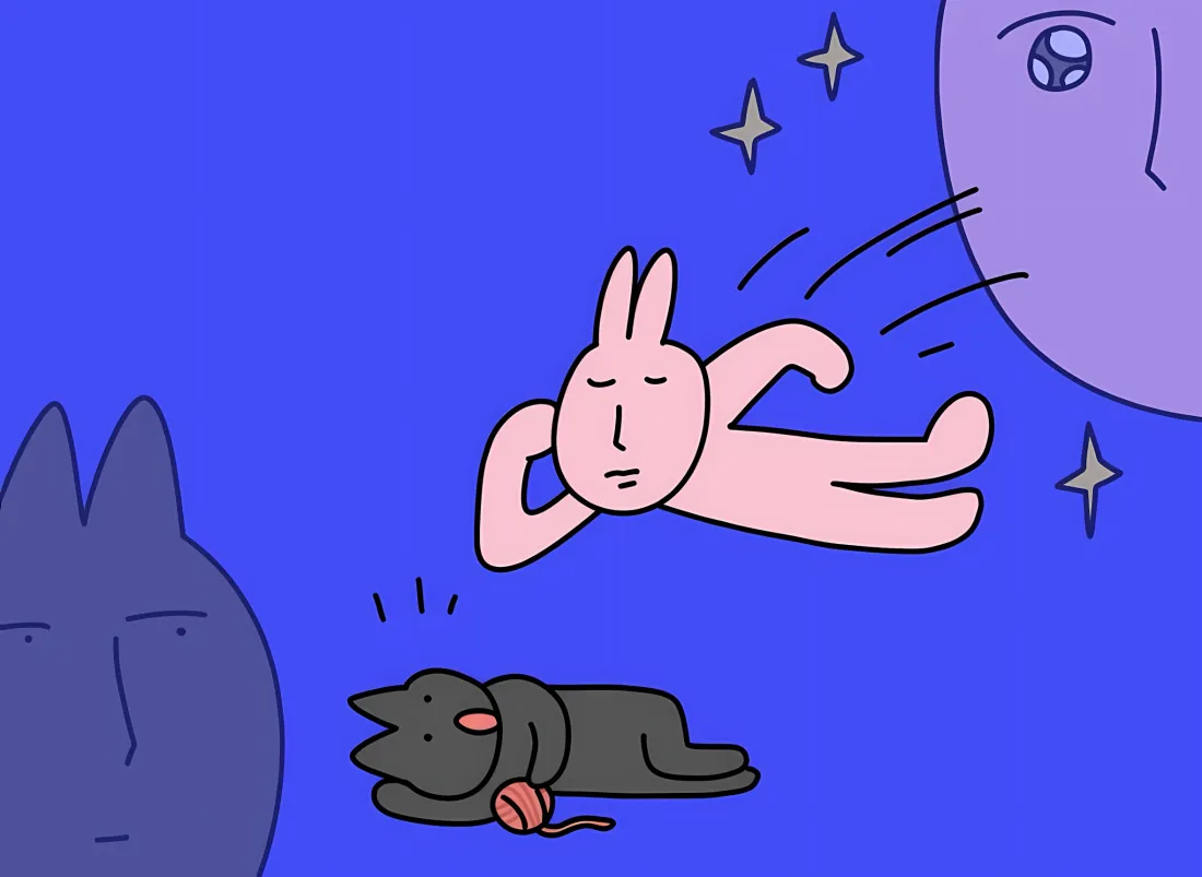 2k粉红兔壁纸｜蓝色背景图片 - 卡通猫星星月亮「哲风壁纸」