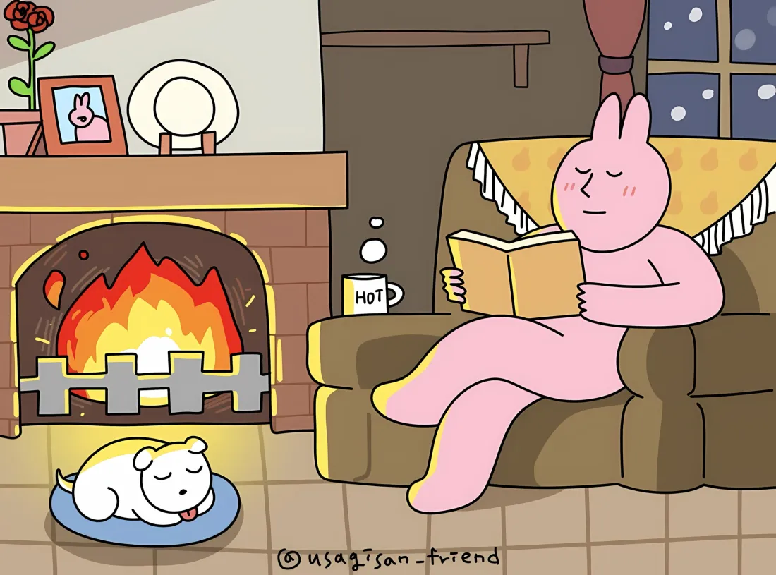 2k粉红兔壁纸｜壁炉背景图片 - 温馨烤火看书「哲风壁纸」