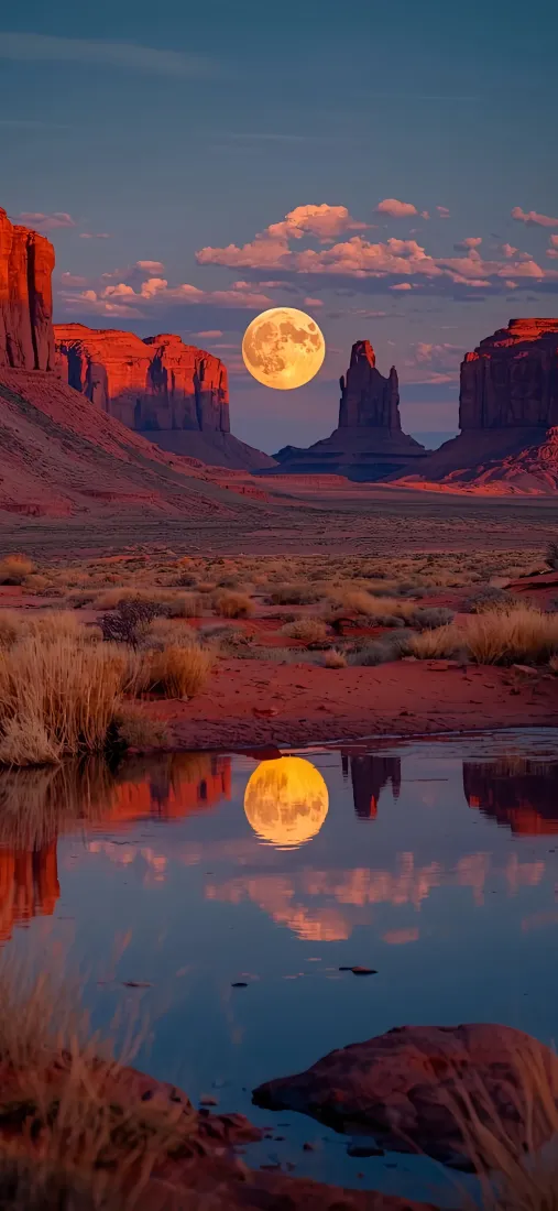 月亮倒影手机壁纸｜沙漠背景图片 - 红色岩石黄昏「哲风壁纸」