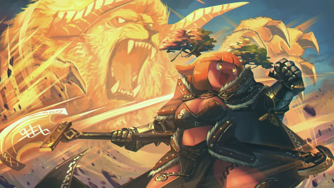 3k兽人狮子壁纸｜金色背景 - 战斗王者奇幻「哲风壁纸」