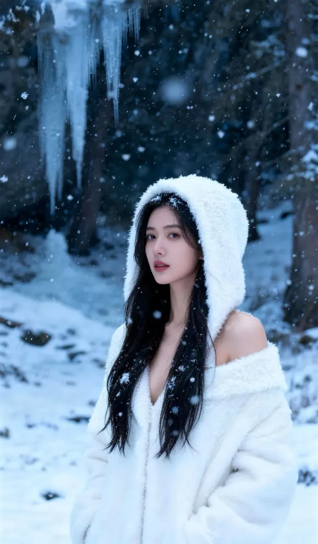 美女雪景手机壁纸｜雪地森林冰柱背景 - 白色毛绒外套「哲风壁纸」