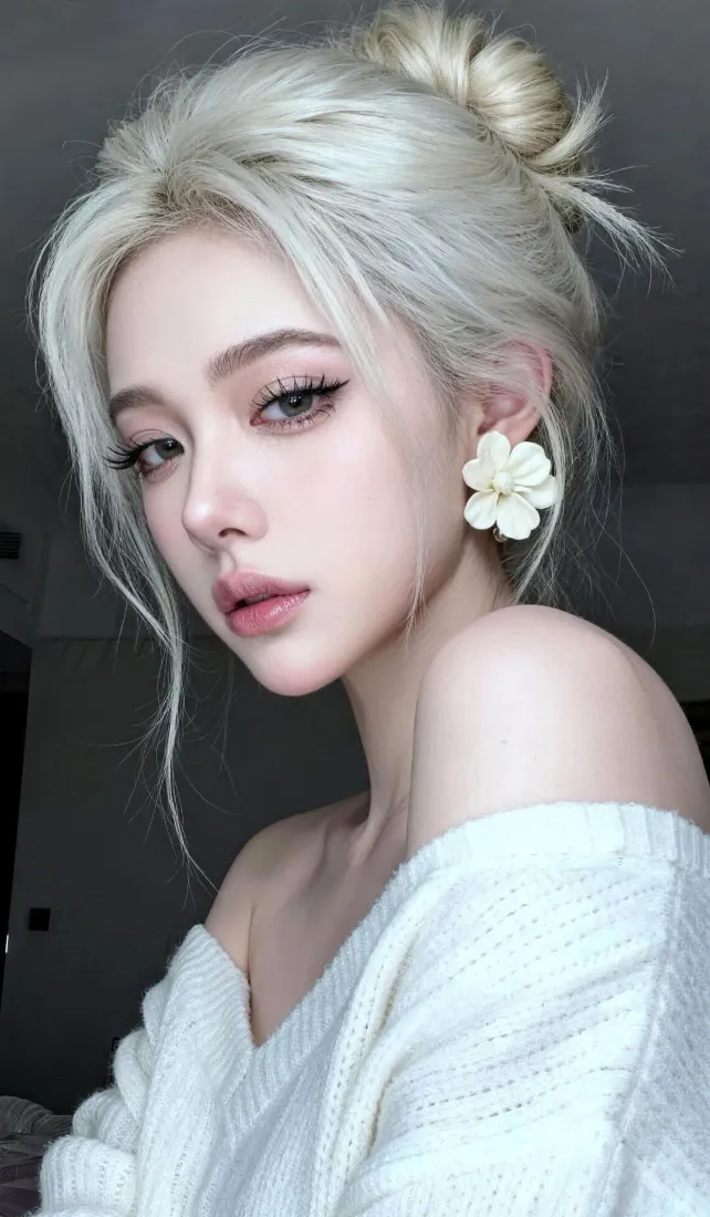 白发美女手机壁纸｜白色露肩背景 - 花朵耳环「哲风壁纸」