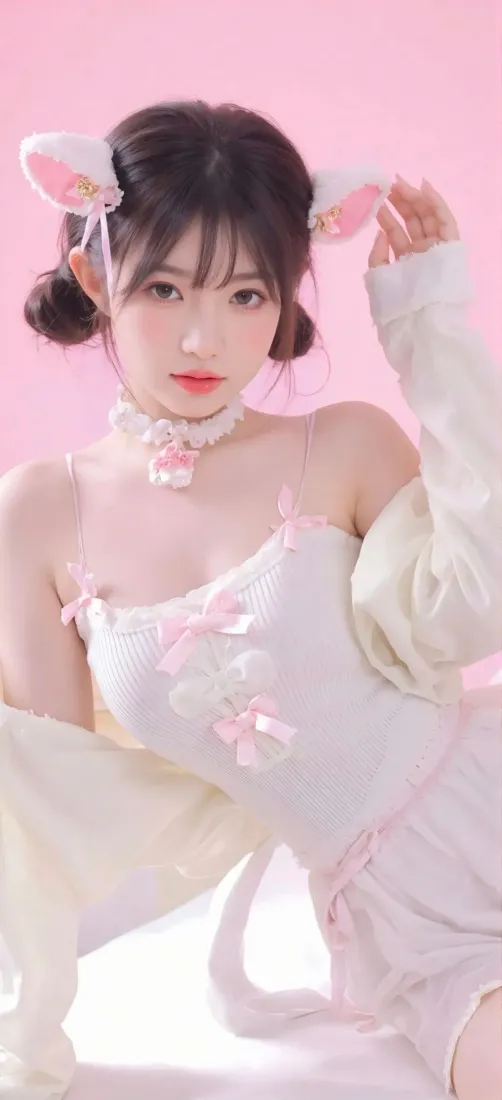 猫耳美女手机壁纸｜粉色背景图片 - 古风穿搭「哲风壁纸」