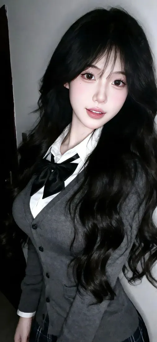 制服美女手机壁纸｜灰色制服背景图 - 红唇Ios「哲风壁纸」