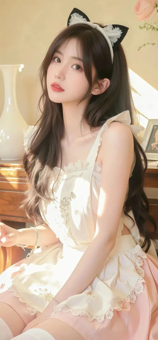 洛丽塔美女手机壁纸｜暖光室内背景图 - 猫耳发箍「哲风壁纸」