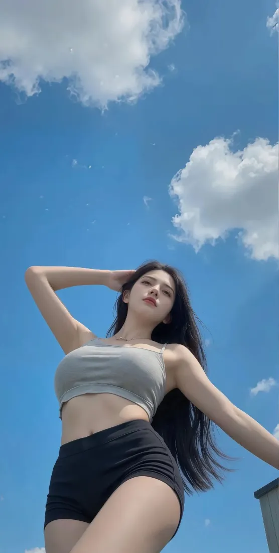 美女手机壁纸｜蓝天背景图片 - 背心短裤穿搭「哲风壁纸」