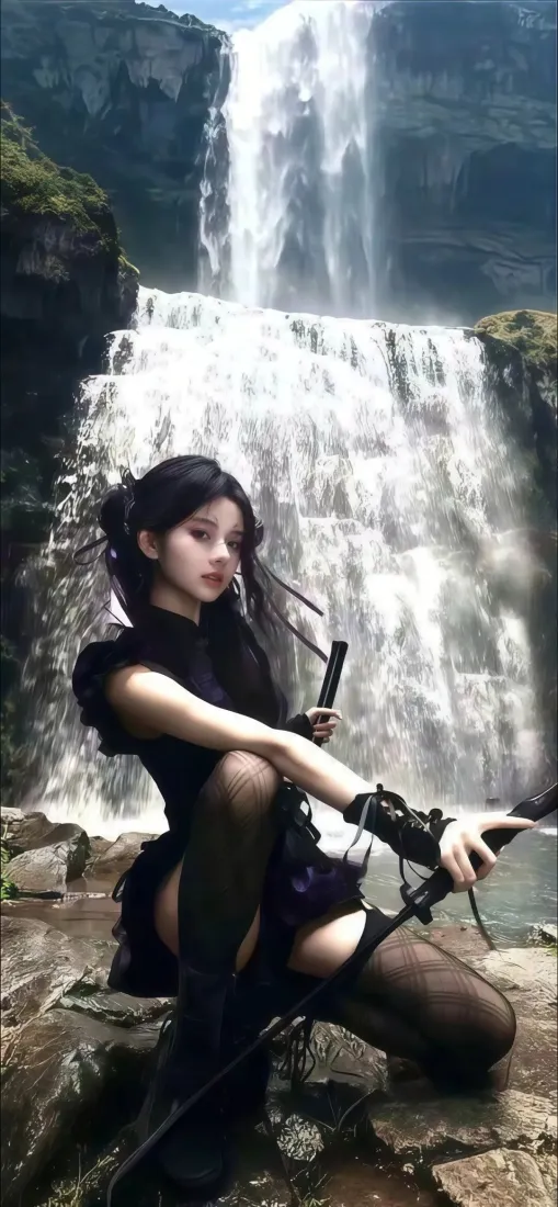 黑衣美女手机壁纸｜瀑布背景图片 - 黑丝射箭冒险「哲风壁纸」