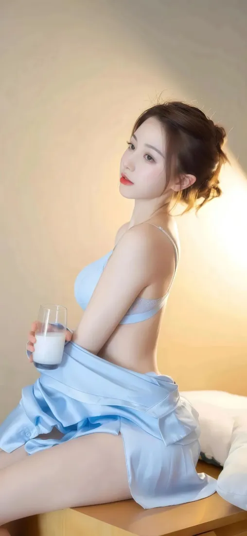 性感美女手机壁纸｜居家背景图片 - 蓝色内衣牛奶「哲风壁纸」