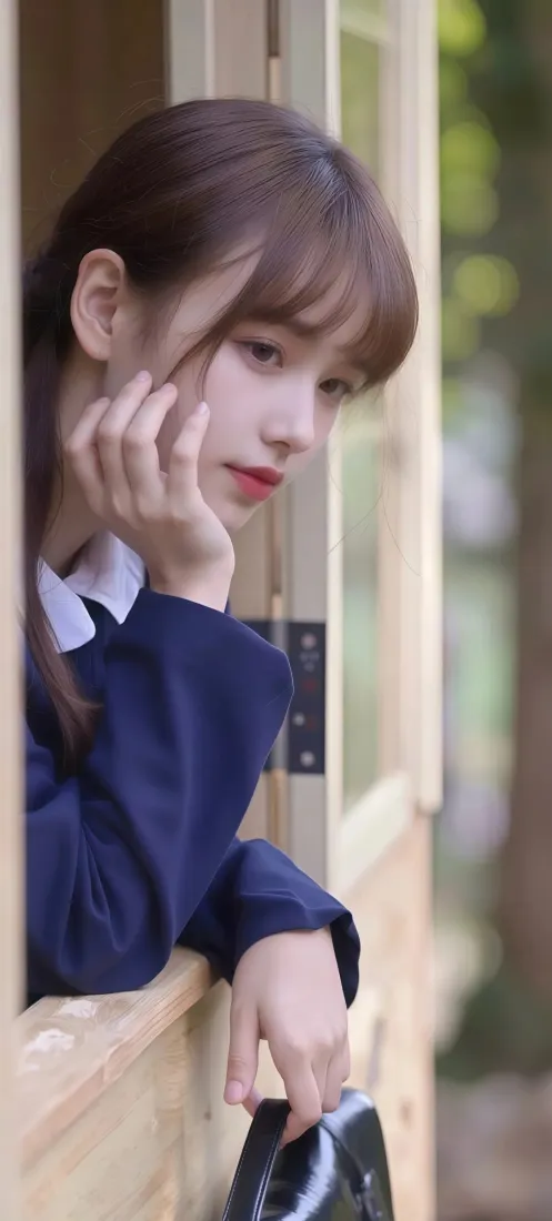 蓝衣少女手机壁纸｜木屋窗边背景图片 - 双马尾红唇清新「哲风壁纸」