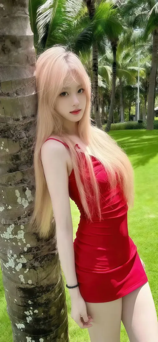 红衣美女手机壁纸｜户外草坪背景图片 - 金发棕榈树「哲风壁纸」