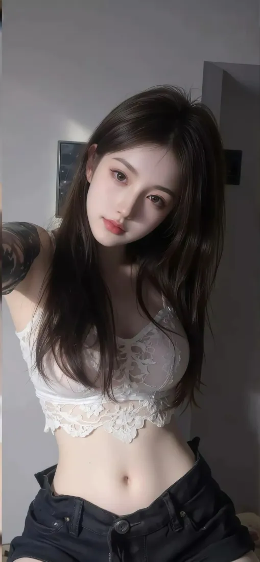 白衣美女手机壁纸｜暗调室内背景 - 黑色短裤自拍「哲风壁纸」