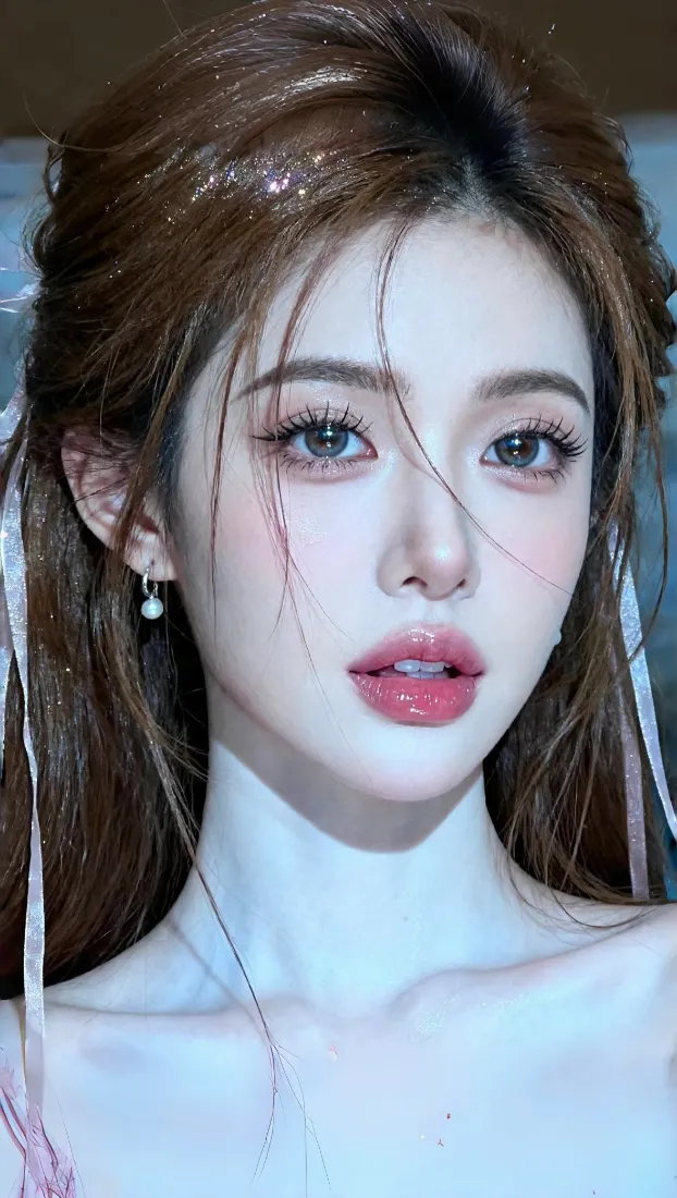 美女手机壁纸｜精致妆容背景图片 - 棕色长发红唇耳饰「哲风壁纸」