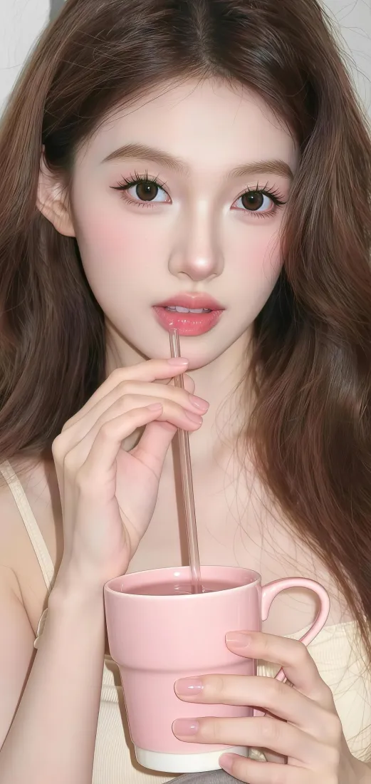 长发女生手机壁纸｜粉色杯子背景图片 - 甜美日常「哲风壁纸」