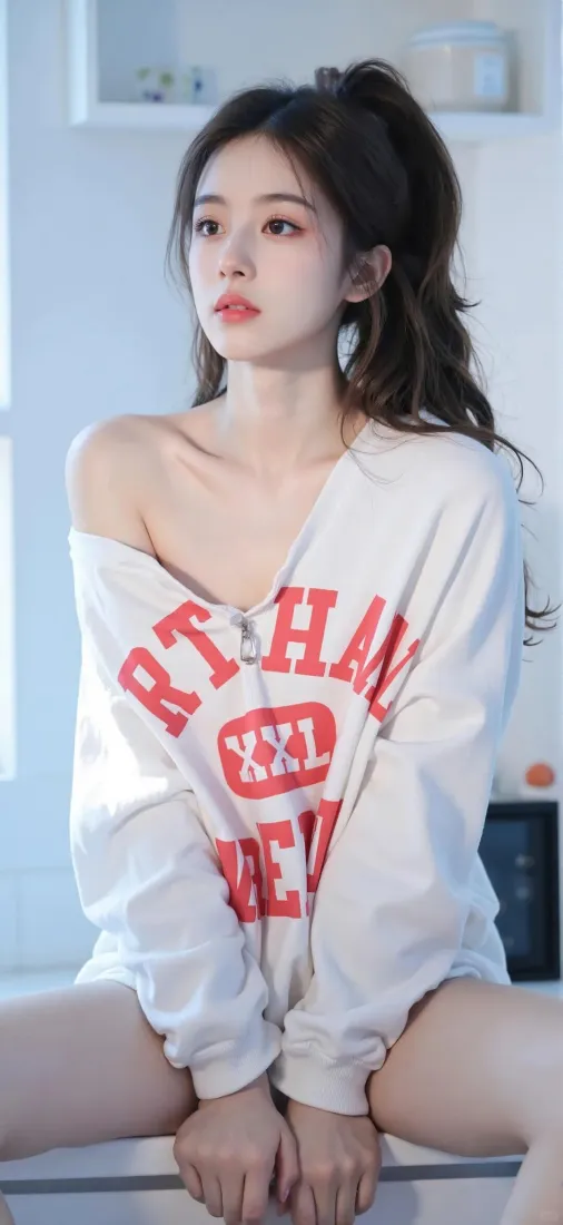 清纯美女手机壁纸｜室内背景图片 - 白色露肩卫衣「哲风壁纸」