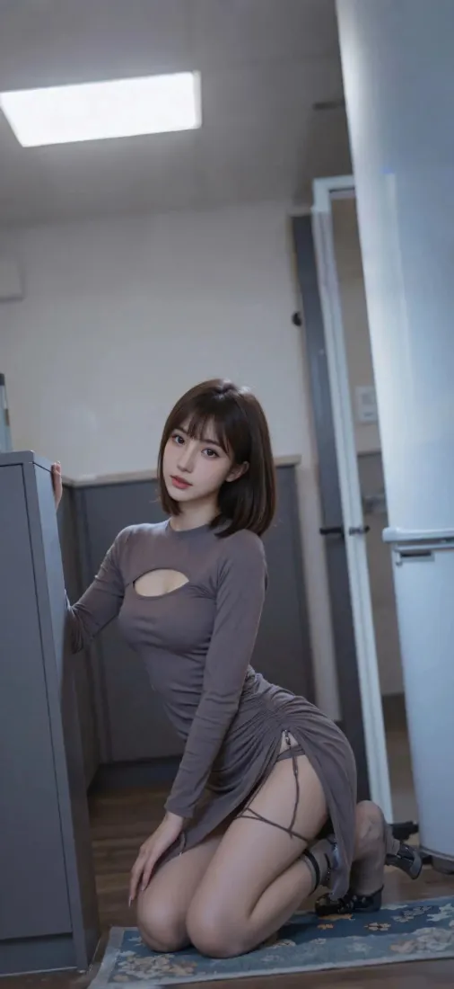 短发美女手机壁纸｜灰色绑带裙背景图 - 室内跪坐「哲风壁纸」