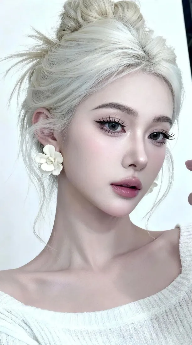 白发美女手机壁纸｜白色上衣背景图 - 花朵耳环「哲风壁纸」