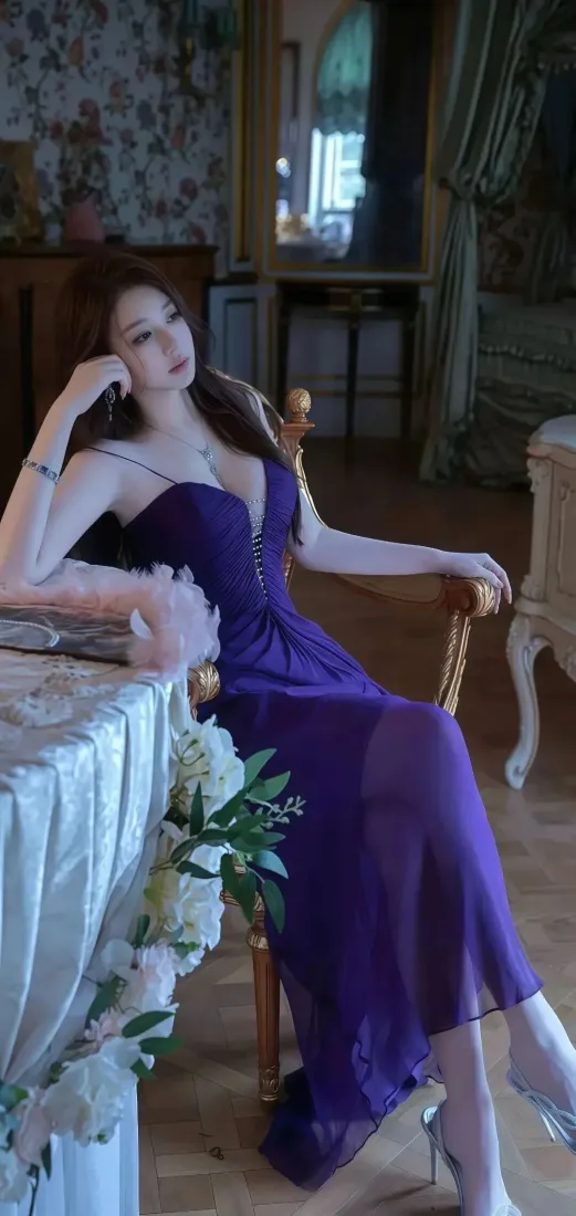 紫色长裙美女手机壁纸｜复古室内背景图片 - 优雅坐姿「哲风壁纸」